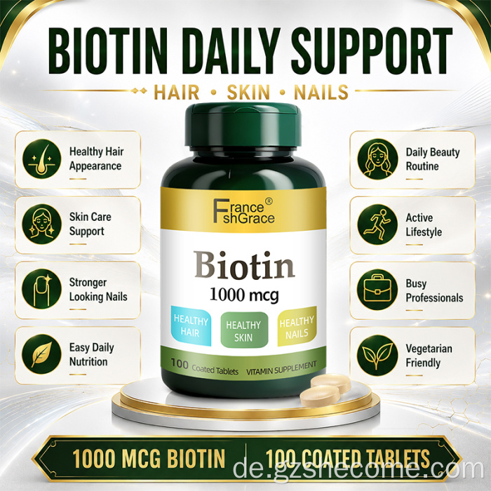 Shecome Biotin-Tabletten zur Unterstützung der Gesundheit von Haaren, Haut und Nägeln
